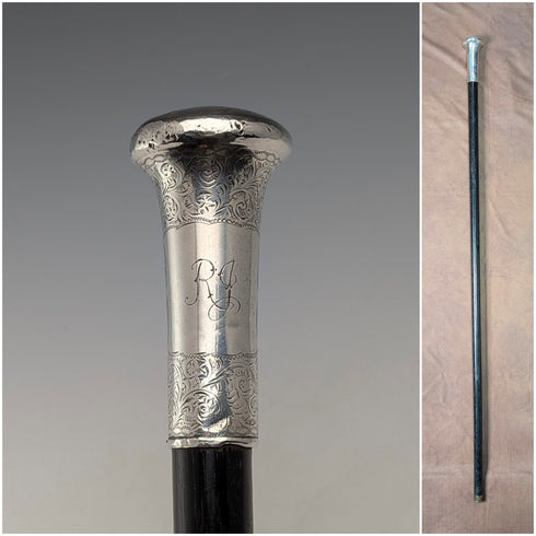 1906 British antique black shaft pure silver round handle walking stick 90cm WH Carrington